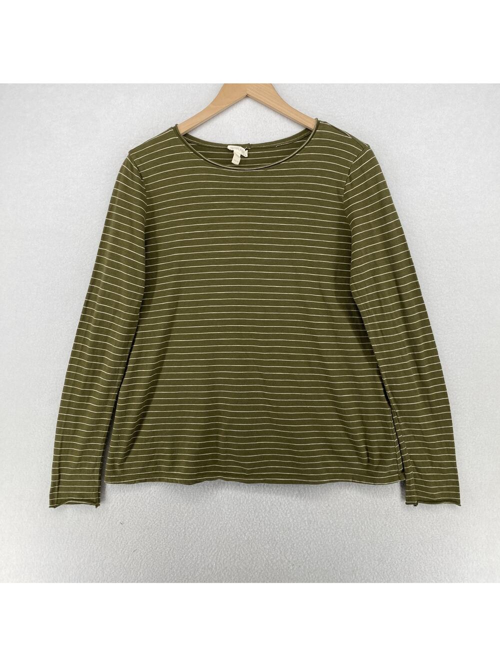 EILEEN FISHER Top XS Organic Cotton Jersey Striped Round Neck Long Sleeve Green